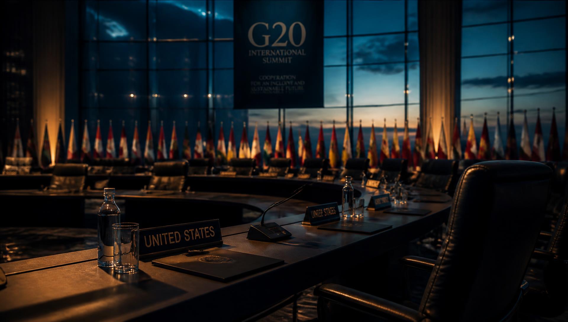 International summit hall with delegate seating and national flags at dusk